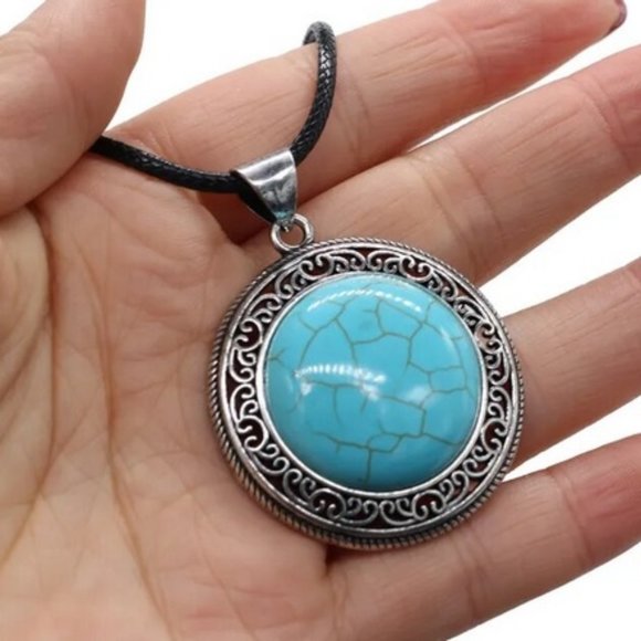 Carved Design Turquoise Blue Howlite Stone Pendant Necklace - Picture 1 of 3